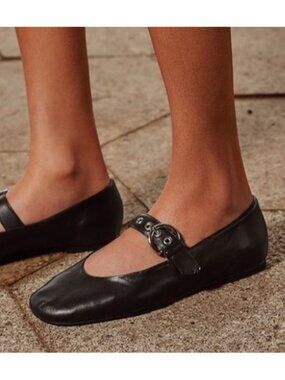 Reformation Black Leather Mary Jane Flats Womens Size 10 Buckle Strap Ballet